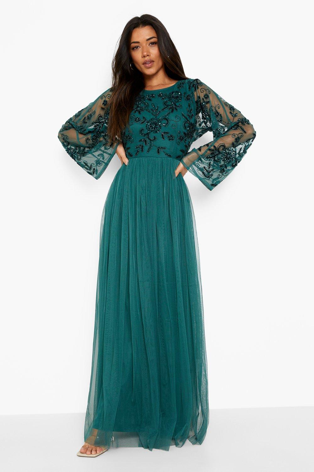 Hand Embellished Long Sleeve Maxi Dress